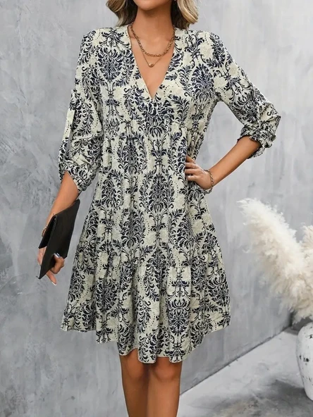 Lucky Life Kadın Uzun Kollu V Yakalı Fırfırlı Mini Süprem Elbise - Resim 3