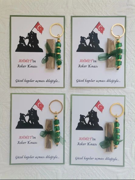 100 Adet Kişiye Özel Asker Kına Hatırası Dağıtmalık Hediyelik Yeşil Anahtarlık ve Paketlenmiş Kına - Resim 4