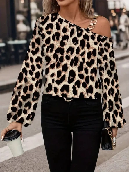 Lucky Life Kadın Uzun Kollu Tek Omuzu Açık Tokalı Leopar Desenli Modal Bluz - Resim 3