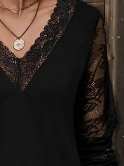 Lucky Life Kadın Uzun Kollu V Dantel Yakalı Viskon Bluz ürün görseli 1