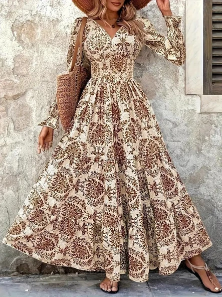 Lucky Life Kadın Uzun Kollu V Yakalı Desenli Süprem Elbise ürün görseli 1