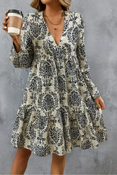 Lucky Life Kadın Uzun Kollu V Yakalı Fırfırlı Mini Süprem Elbise - Resim 10