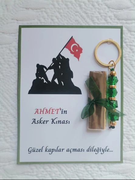 100 Adet Kişiye Özel Asker Kına Hatırası Dağıtmalık Hediyelik Yeşil Anahtarlık ve Paketlenmiş Kına ürün görseli