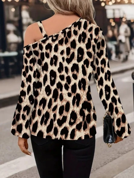 Lucky Life Kadın Uzun Kollu Tek Omuzu Açık Tokalı Leopar Desenli Modal Bluz - Resim 5