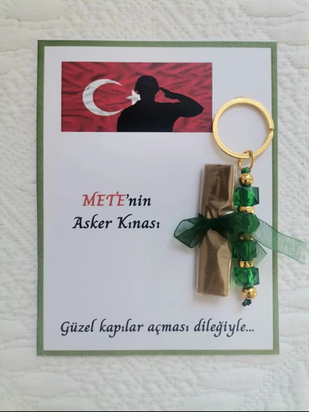 100 Adet Kişiye Özel Asker Kına Hatırası Dağıtmalık Hediyelik Yeşil Anahtarlık ve Paketlenmiş Kına ürün görseli
