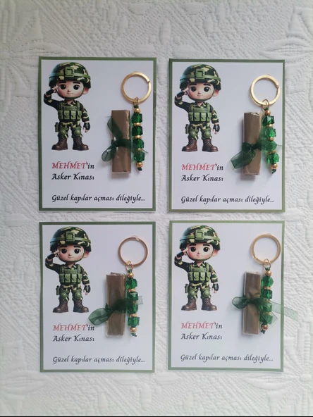 100 Adet Kişiye Özel Asker Kına Hatırası Dağıtmalık Hediyelik Yeşil Anahtarlık ve Paketlenmiş Kına - Resim 4