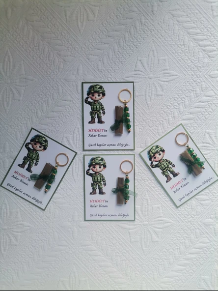 64 Adet Kişiye Özel Asker Kına Hatırası Dağıtmalık Hediyelik Yeşil Anahtarlık ve Paketlenmiş Kına - Resim 5