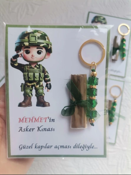 100 Adet Kişiye Özel Asker Kına Hatırası Dağıtmalık Hediyelik Yeşil Anahtarlık ve Paketlenmiş Kına - Resim 6