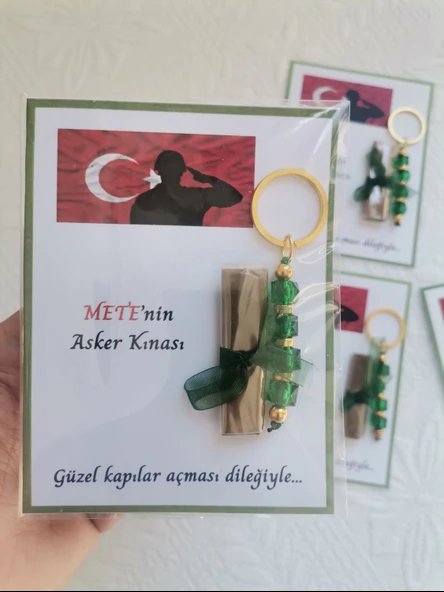 64 Adet Kişiye Özel Asker Kına Hatırası Dağıtmalık Hediyelik Yeşil Anahtarlık ve Paketlenmiş Kına - Resim 6