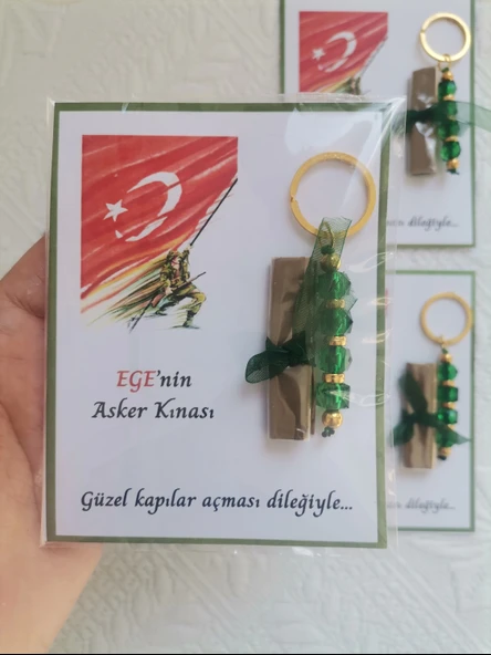 32 Adet Kişiye Özel Asker Kına Hatırası Dağıtmalık Hediyelik Yeşil Anahtarlık ve Paketlenmiş Kına - Resim 7