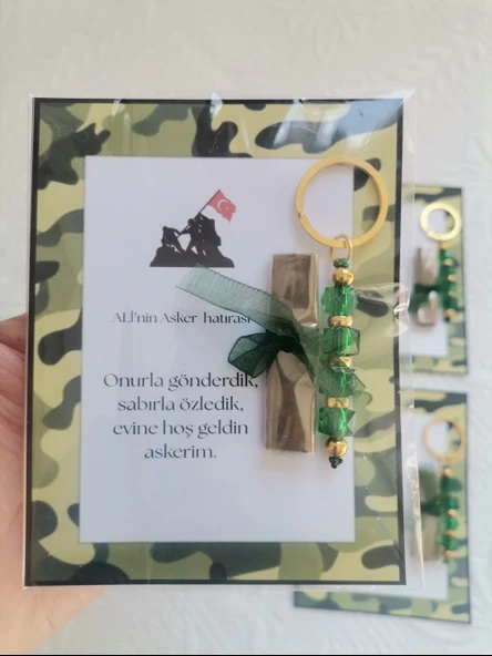 64 Adet Kişiye Özel Asker Kına Hatırası Dağıtmalık Hediyelik Yeşil Anahtarlık ve Paketlenmiş Kına - Resim 7