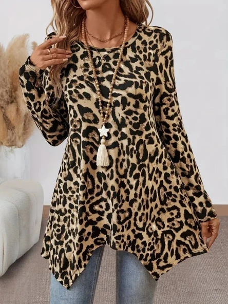 Lucky Life Kadın Uzun Kollu Bisiklet Yaka Leopar Desenli Süprem Bluz - Resim 8