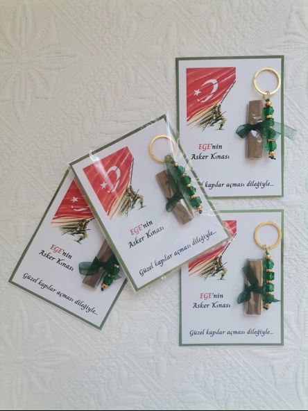 32 Adet Kişiye Özel Asker Kına Hatırası Dağıtmalık Hediyelik Yeşil Anahtarlık ve Paketlenmiş Kına - Resim 6