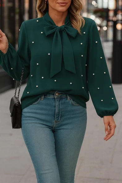 Lucky Life Kadın Uzun Kollu Yakadan Fiyonklu Incili Ithal Krep Bluz - Resim 4