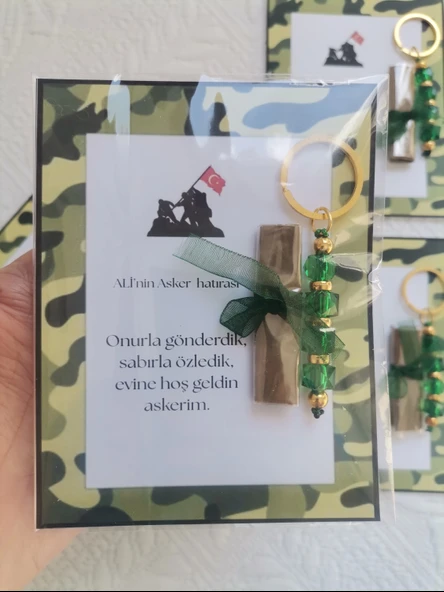 100 Adet Kişiye Özel Asker Kına Hatırası Dağıtmalık Hediyelik Yeşil Anahtarlık ve Paketlenmiş Kına - Resim 8