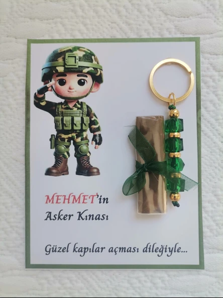 64 Adet Kişiye Özel Asker Kına Hatırası Dağıtmalık Hediyelik Yeşil Anahtarlık ve Paketlenmiş Kına ürün görseli