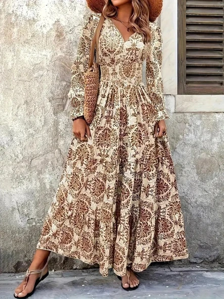 Lucky Life Kadın Uzun Kollu V Yakalı Desenli Süprem Elbise - Resim 10