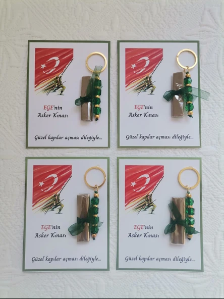 64 Adet Kişiye Özel Asker Kına Hatırası Dağıtmalık Hediyelik Yeşil Anahtarlık ve Paketlenmiş Kına - Resim 4
