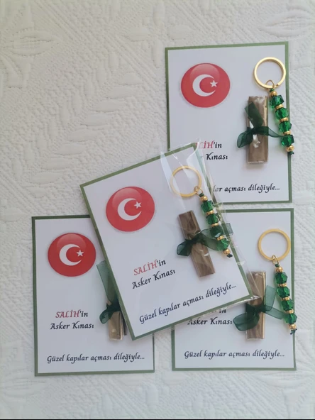 100 Adet Kişiye Özel Asker Kına Hatırası Dağıtmalık Hediyelik Yeşil Anahtarlık ve Paketlenmiş Kına - Resim 6