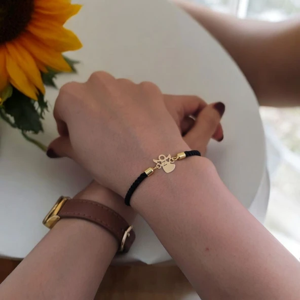 Harfe Özel 14 Ayar Altın Plakalı Mevlana Motifli Siyah İpek Örgülü Hediye Bileklik-359 - Resim 2