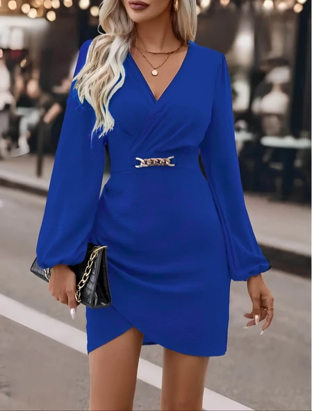 Lucky Life Kadın Uzun Kollu Kruvaze Yaka Yandan Büzgülü Asimetrik Detaylı Ithal Krep Mini Elbise - Resim 5