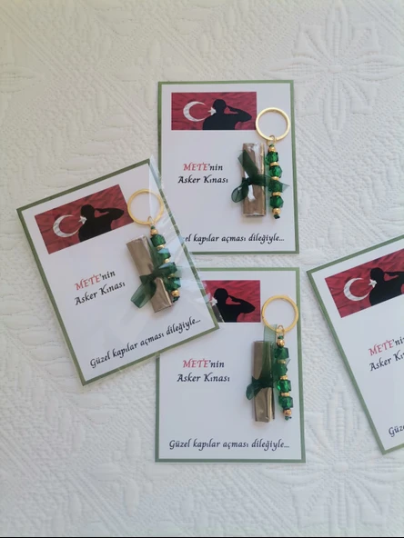 64 Adet Kişiye Özel Asker Kına Hatırası Dağıtmalık Hediyelik Yeşil Anahtarlık ve Paketlenmiş Kına - Resim 9