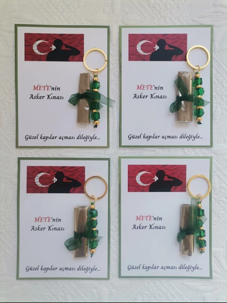 64 Adet Kişiye Özel Asker Kına Hatırası Dağıtmalık Hediyelik Yeşil Anahtarlık ve Paketlenmiş Kına - Resim 4