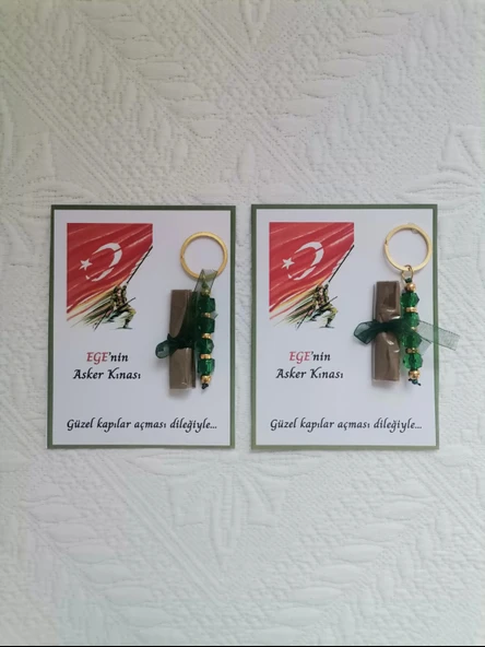 32 Adet Kişiye Özel Asker Kına Hatırası Dağıtmalık Hediyelik Yeşil Anahtarlık ve Paketlenmiş Kına - Resim 2