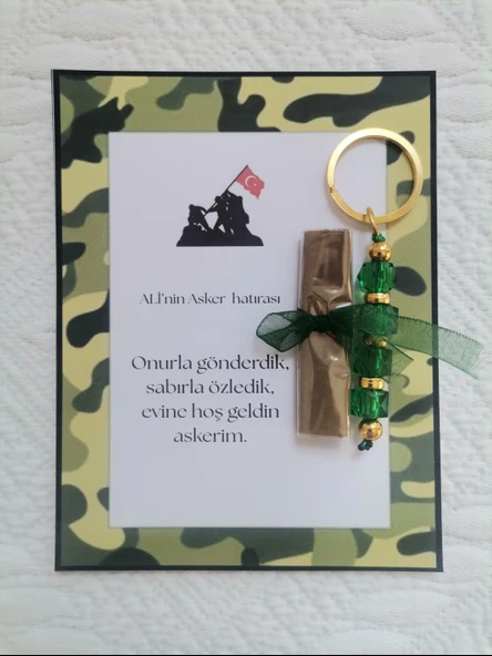 100 Adet Kişiye Özel Asker Kına Hatırası Dağıtmalık Hediyelik Yeşil Anahtarlık ve Paketlenmiş Kına ürün görseli
