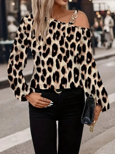 Lucky Life Kadın Uzun Kollu Tek Omuzu Açık Tokalı Leopar Desenli Modal Bluz - Resim 4