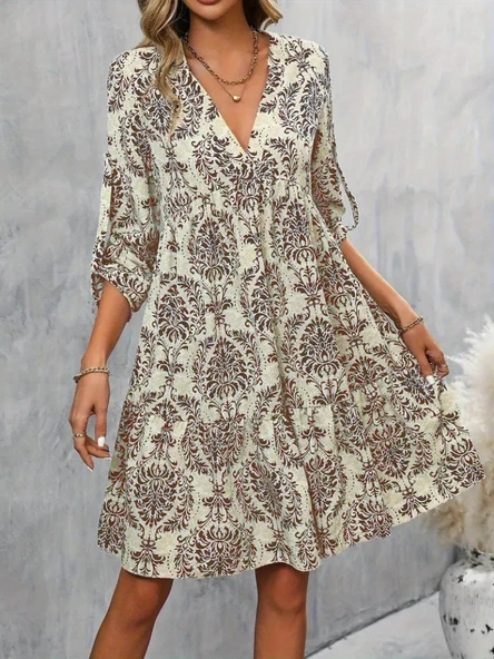 Lucky Life Kadın Uzun Kollu V Yakalı Fırfırlı Mini Süprem Elbise - Resim 8