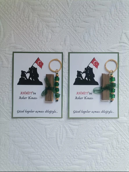 100 Adet Kişiye Özel Asker Kına Hatırası Dağıtmalık Hediyelik Yeşil Anahtarlık ve Paketlenmiş Kına - Resim 2
