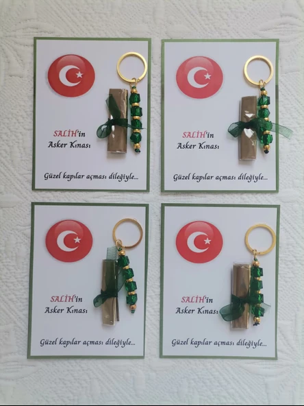 100 Adet Kişiye Özel Asker Kına Hatırası Dağıtmalık Hediyelik Yeşil Anahtarlık ve Paketlenmiş Kına - Resim 4