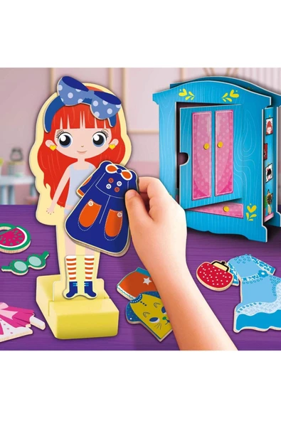 Manyetik Kıyafetleriyle Montessori Ahşap Moda Bebeği ve Gardırop Seti - 3