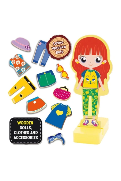 Manyetik Kıyafetleriyle Montessori Ahşap Moda Bebeği ve Gardırop Seti - 6