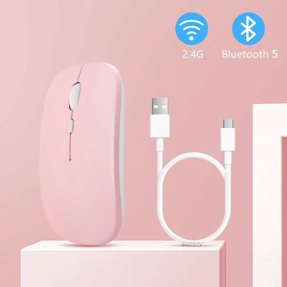 Samsung Tablet Şarj Edilebilir Sessiz Mouse Bluetooth + 2.4Hz Wifi Kablosuz Mouse Fare  Pembe - 3