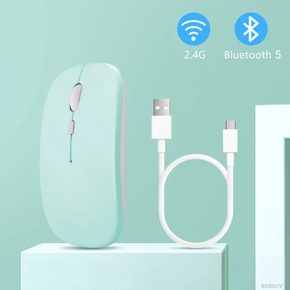 Samsung Tablet Şarj Edilebilir Sessiz Mouse Bluetooth + 2.4Hz Wifi Kablosuz Mouse Fare  Turkuaz - 3