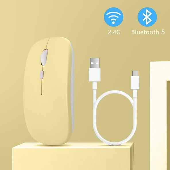 Samsung Tablet Şarj Edilebilir Sessiz Mouse Bluetooth + 2.4Hz Wifi Kablosuz Mouse Fare  Sarı - 3