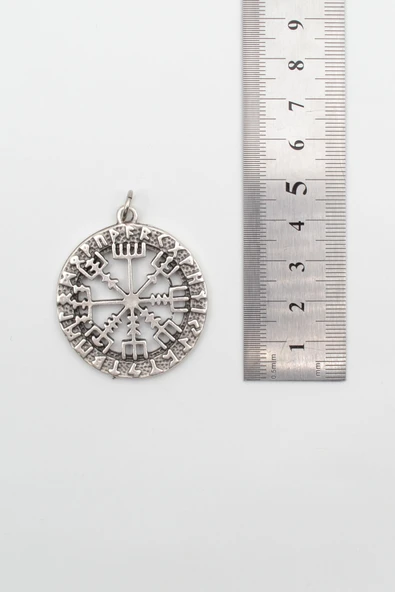 Viking Pusula Kolye (Vegvisir) - Düz Ezme İthal Zincirli Unisex Gümüş Kaplama - 60 cm - Resim 3