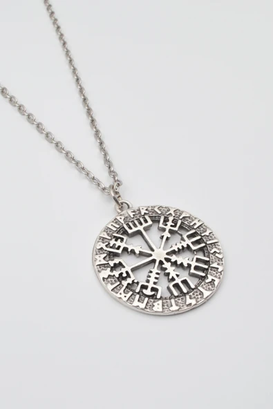 Viking Pusula Kolye (Vegvisir) - Düz Ezme İthal Zincirli Unisex Gümüş Kaplama - 60 cm - Resim 2