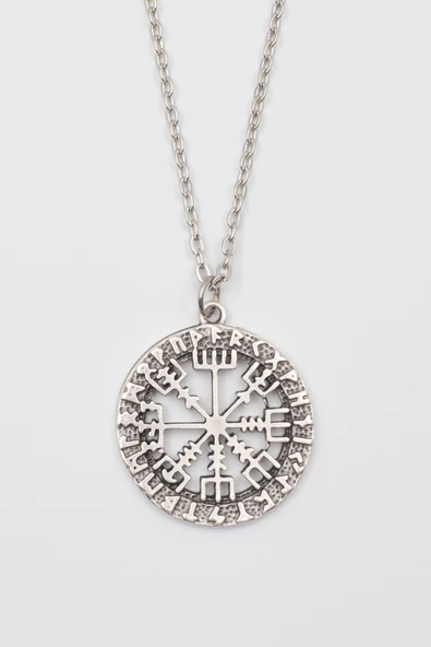 Viking Pusula Kolye (Vegvisir) - Düz Ezme İthal Zincirli Unisex Gümüş Kaplama - 60 cm ürün görseli 1