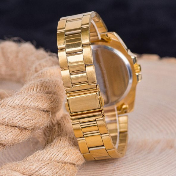 Sarı Renk Takvimli Sarı Çelik Kordonlu Siyah Kadranlı Erkek Kol Saat ST-303990 - Resim 2