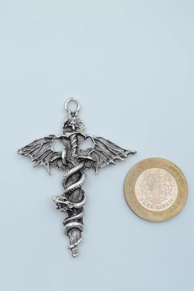 Kılıç Yılan Yarasa Gümüş Kaplama Deri İp Kolye - Resim 4