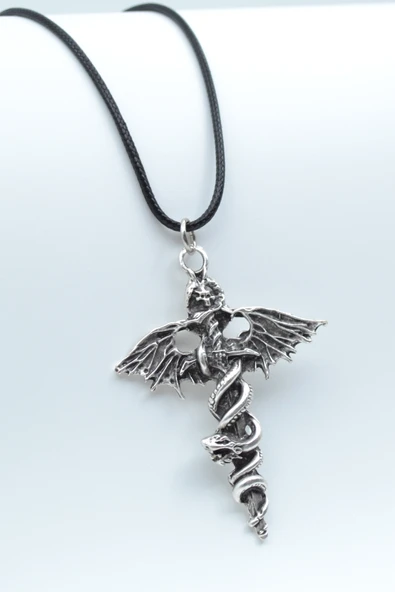Kılıç Yılan Yarasa Gümüş Kaplama Deri İp Kolye ürün görseli 1