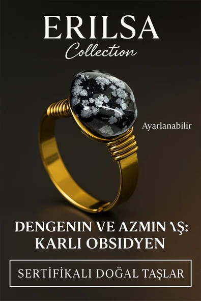 Sertifikalı Doğal Karlı Obsidyen Taşı Yüzük – Kalın Tımbıl Kasa Gold Ayarlanabilir ürün görseli