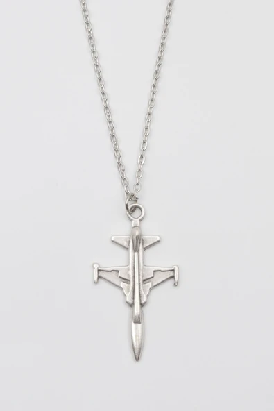 Modern F-5 Tiger Uçak Kolye - Düz Ezme İthal Zincirli Unisex Gümüş Kaplama - 60 cm ürün görseli 1