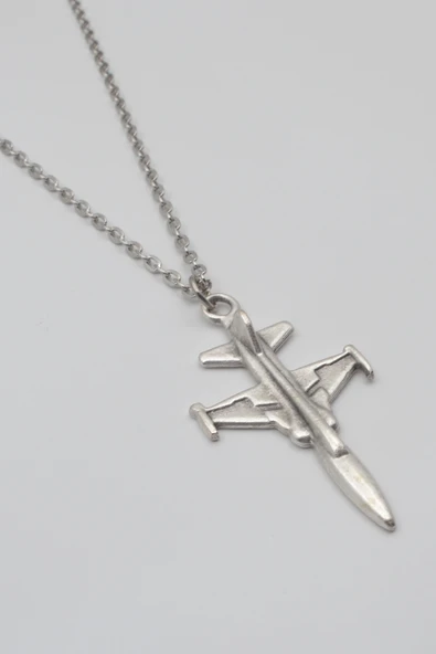 Modern F-5 Tiger Uçak Kolye - Düz Ezme İthal Zincirli Unisex Gümüş Kaplama - 60 cm - Resim 2
