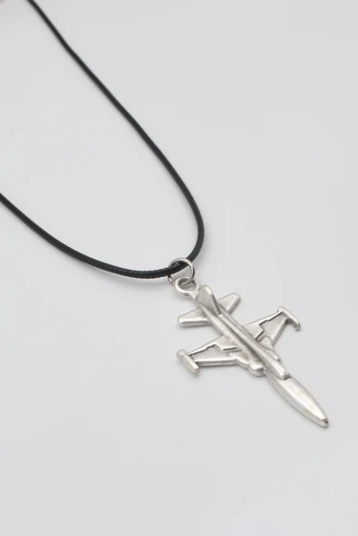 F-5 Tiger Savaş Uçağı Kolye - PU Deri İp Zincirli Unisex Gümüş Kaplama Havacı Takı - 60 cm - Resim 2
