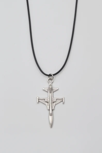 F-5 Tiger Savaş Uçağı Kolye - PU Deri İp Zincirli Unisex Gümüş Kaplama Havacı Takı - 60 cm ürün görseli 1