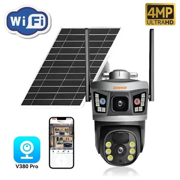 AVENIR 4MP SOLAR AV-S232 ÇİFT KAMERALI WIFI PTZ KAMERA - 1
